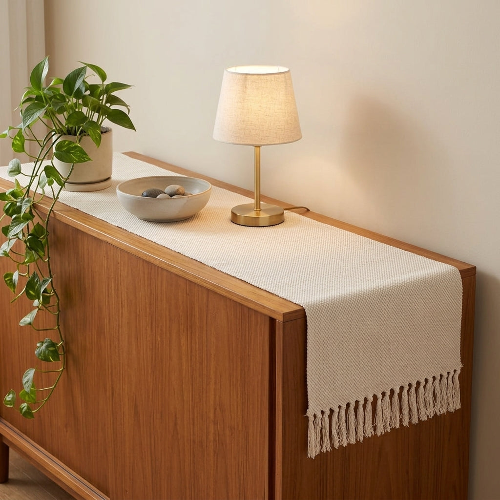 Cream waffle-weave cotton table runner with tassel fringe on a wooden sideboard