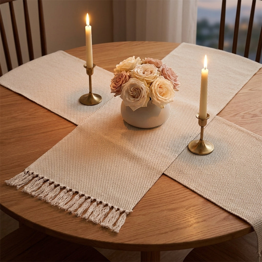 Cream waffle-weave cotton table runner with tassel fringe on a round oak dining table with candles
