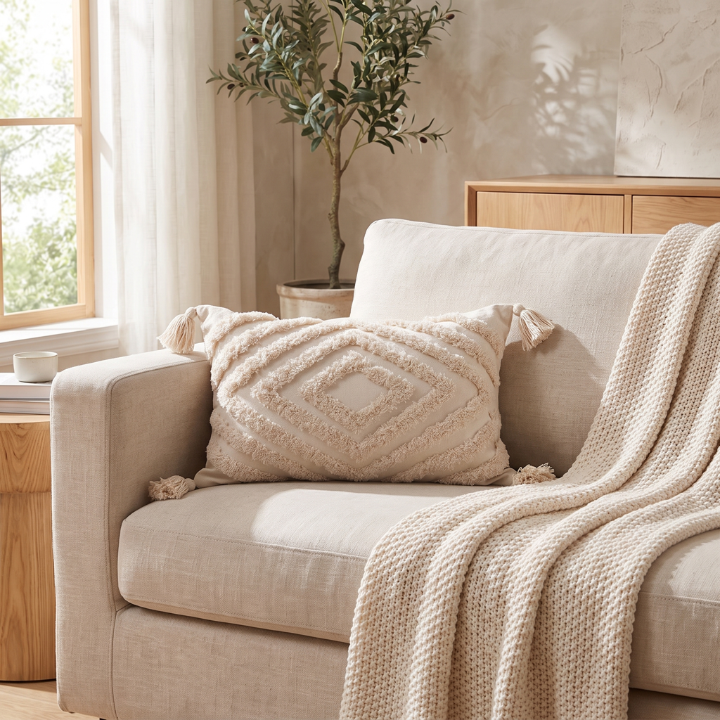 Cream tufted concentric-diamond lumbar cushion cover with corner tassels on a sofa