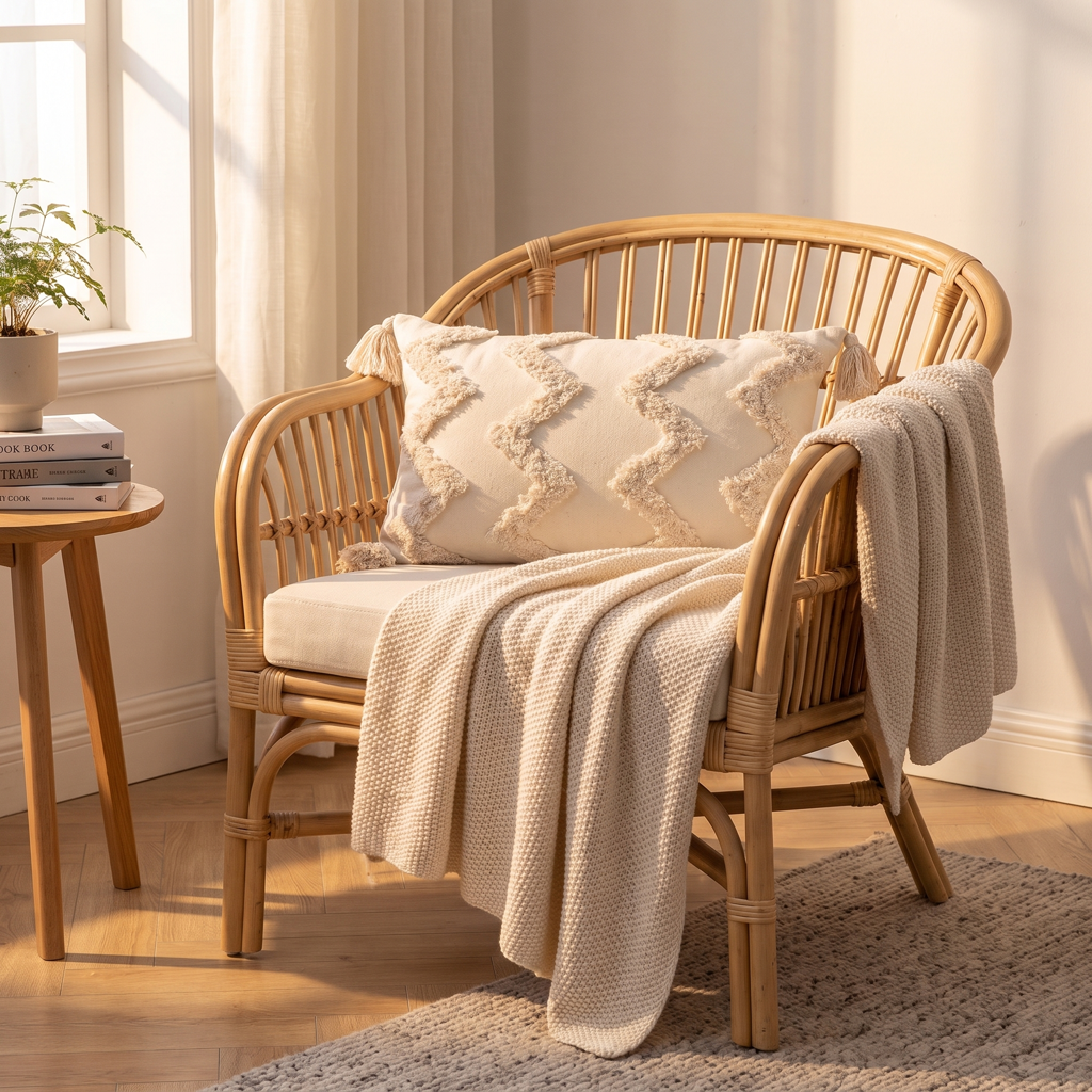 Cream tufted chevron lumbar cushion cover with corner tassels on a rattan armchair