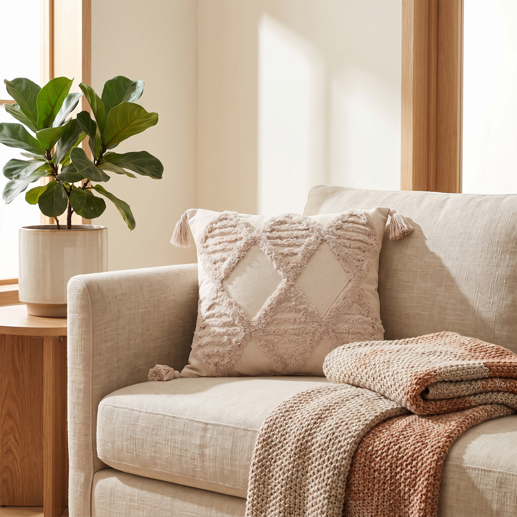 Cream tufted cushion cover with a large cross-diamond pattern and corner tassels on a living room sofa