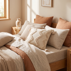 Cream tufted chevron square cushion cover with corner tassels styled on a bed