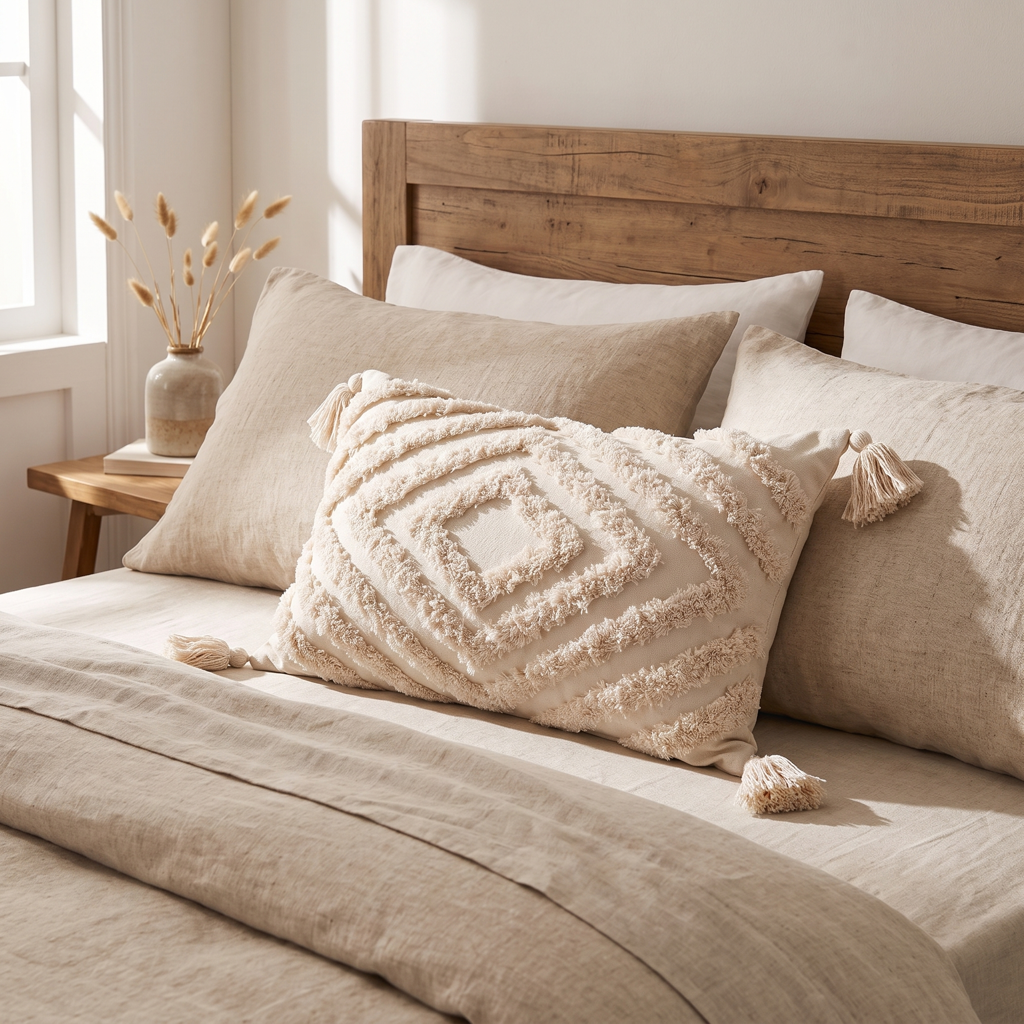 Cream tufted concentric-diamond lumbar cushion cover with corner tassels on a bed
