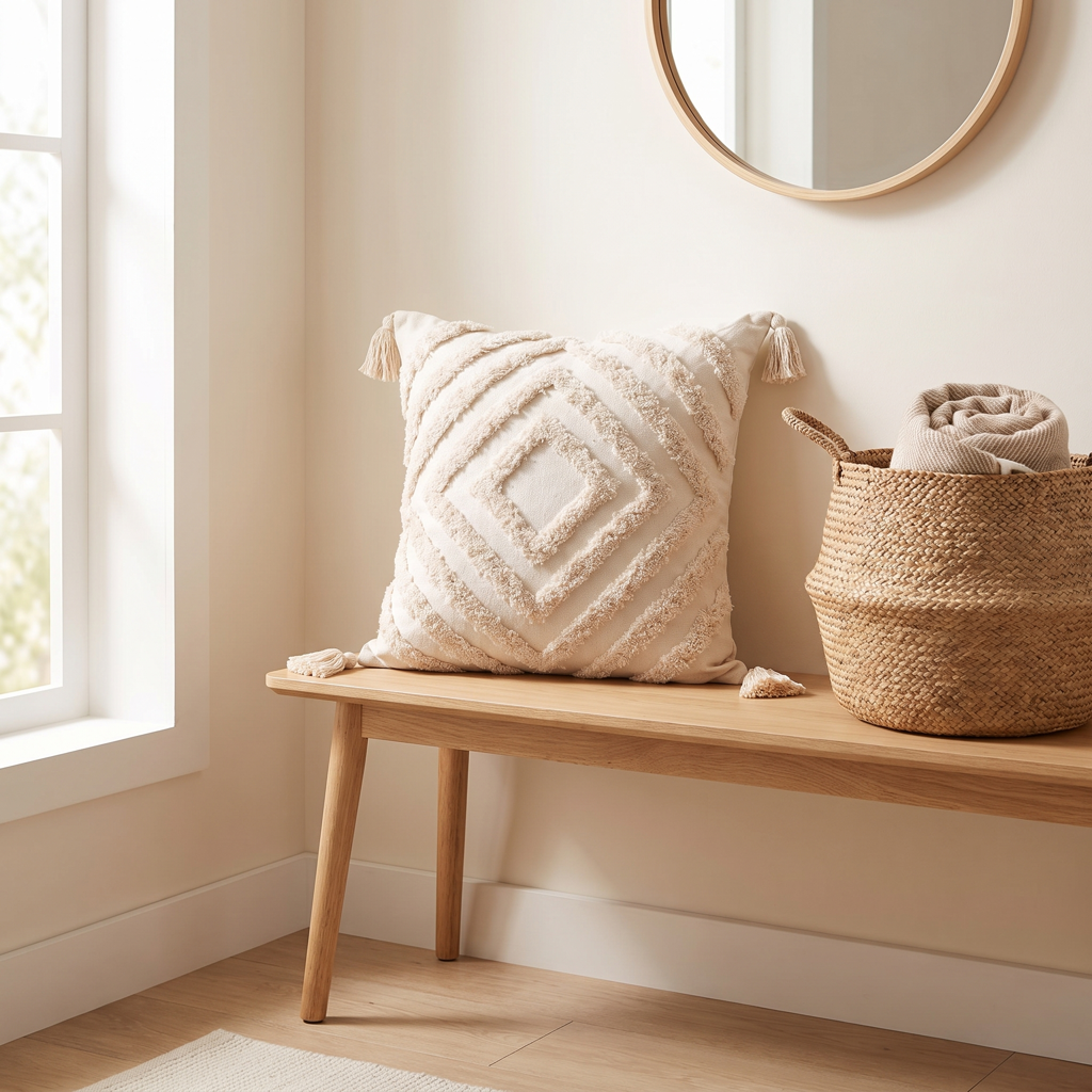 Cream tufted concentric-diamond square cushion cover with corner tassels on an entryway bench