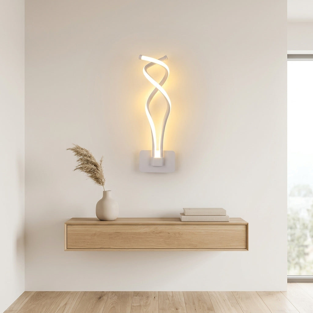 Nordic Twisted-Ribbon LED Wall Sconce in white above a console shelf