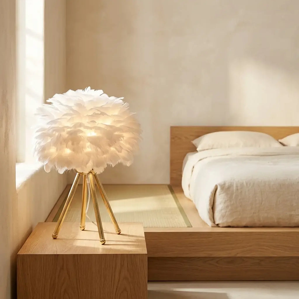 Nordic feather table lamp on solid oak nightstand