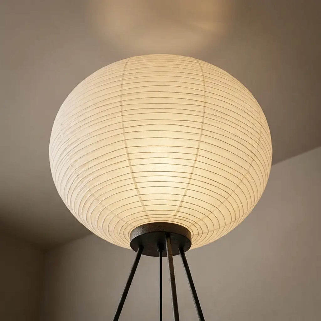 Rice paper lantern floor lamp dramatic low-angle hero shot
