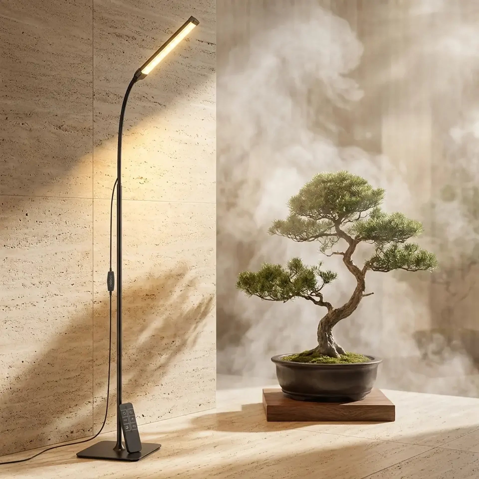 LED gooseneck floor lamp in spa-like bathroom corner