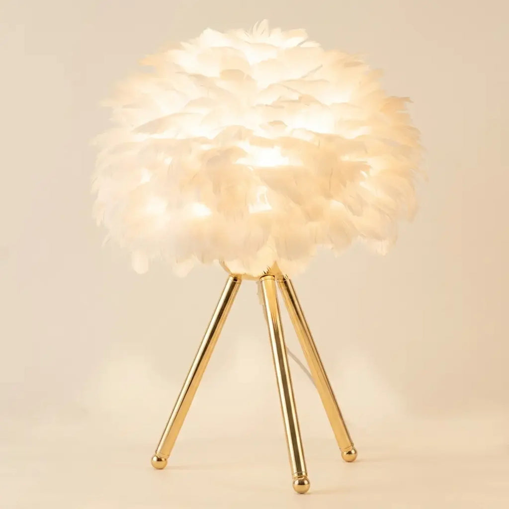Nordic feather table lamp on bedroom nightstand morning light
