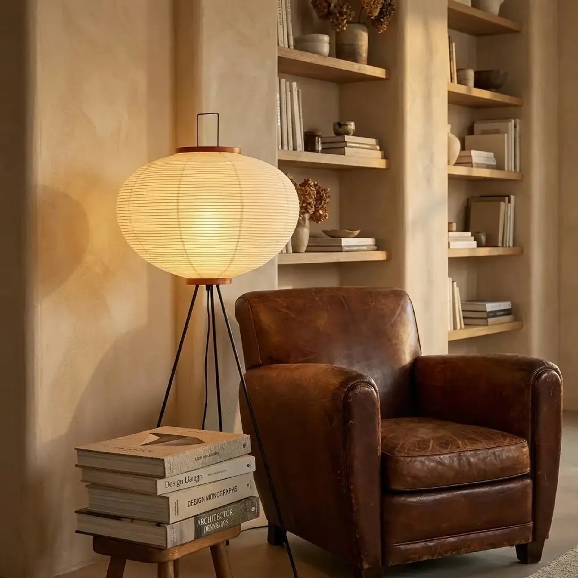 Rice paper lantern floor lamp in a cozy reading nook