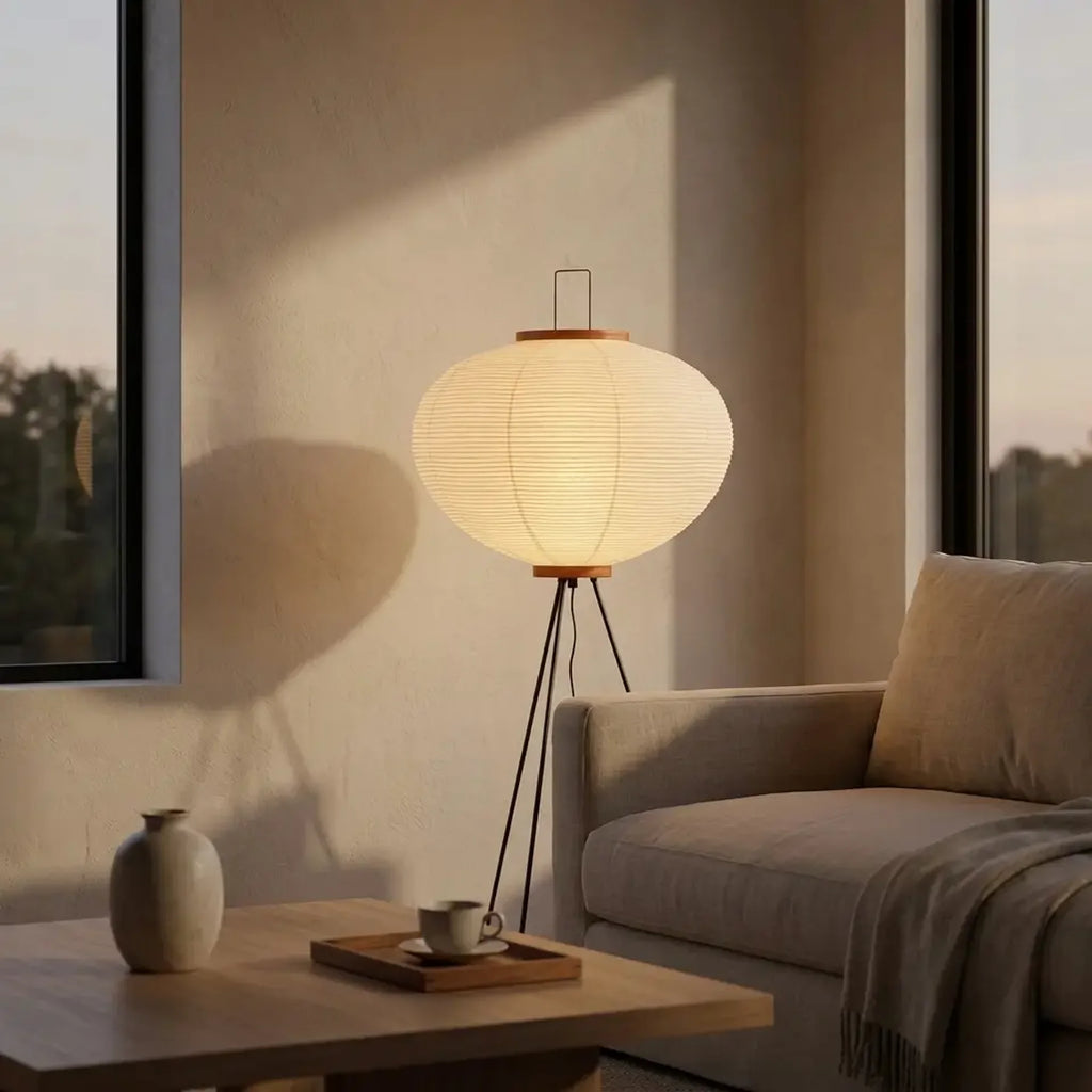Rice paper lantern floor lamp at dusk in a minimalist living room