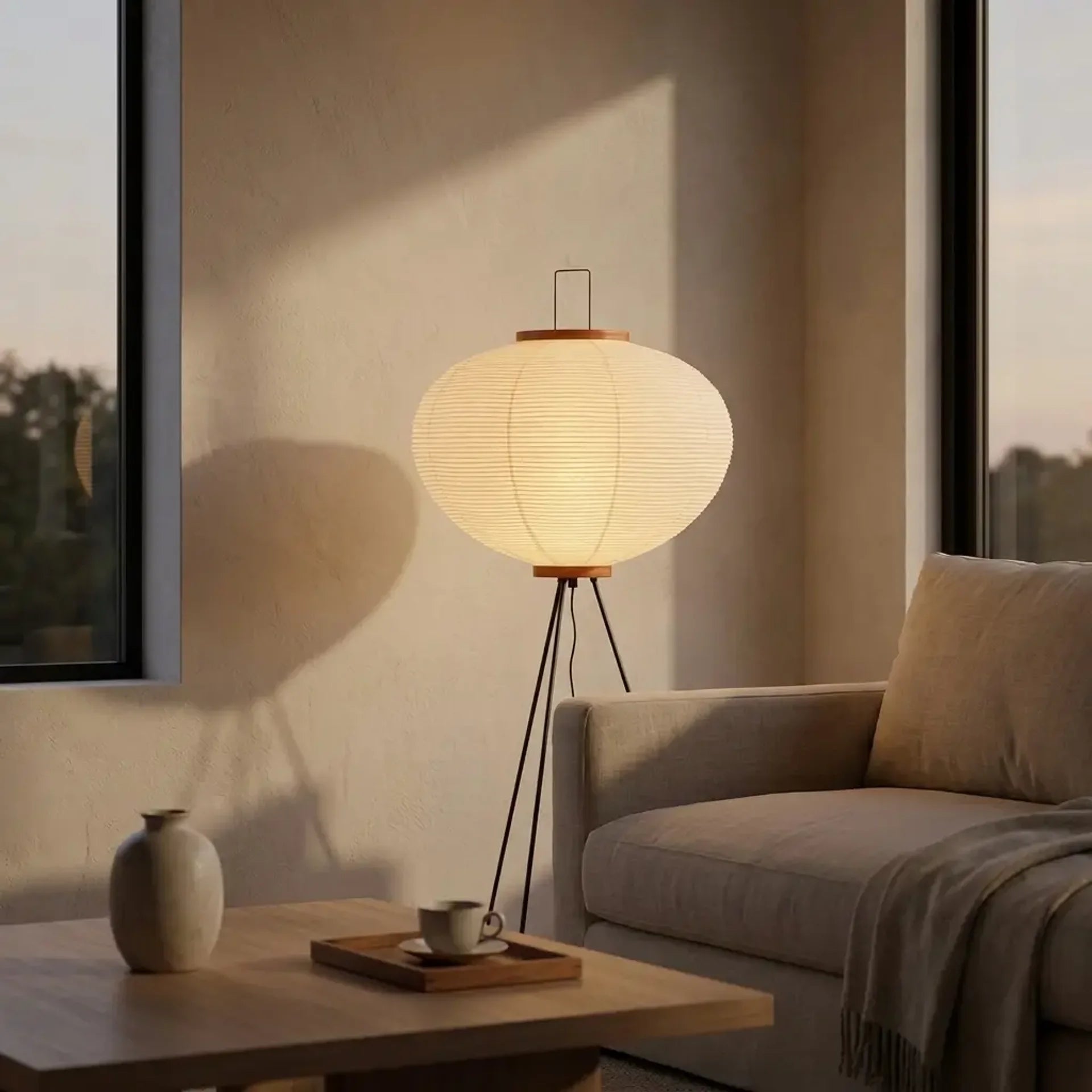 Rice paper lantern floor lamp at dusk in a minimalist living room
