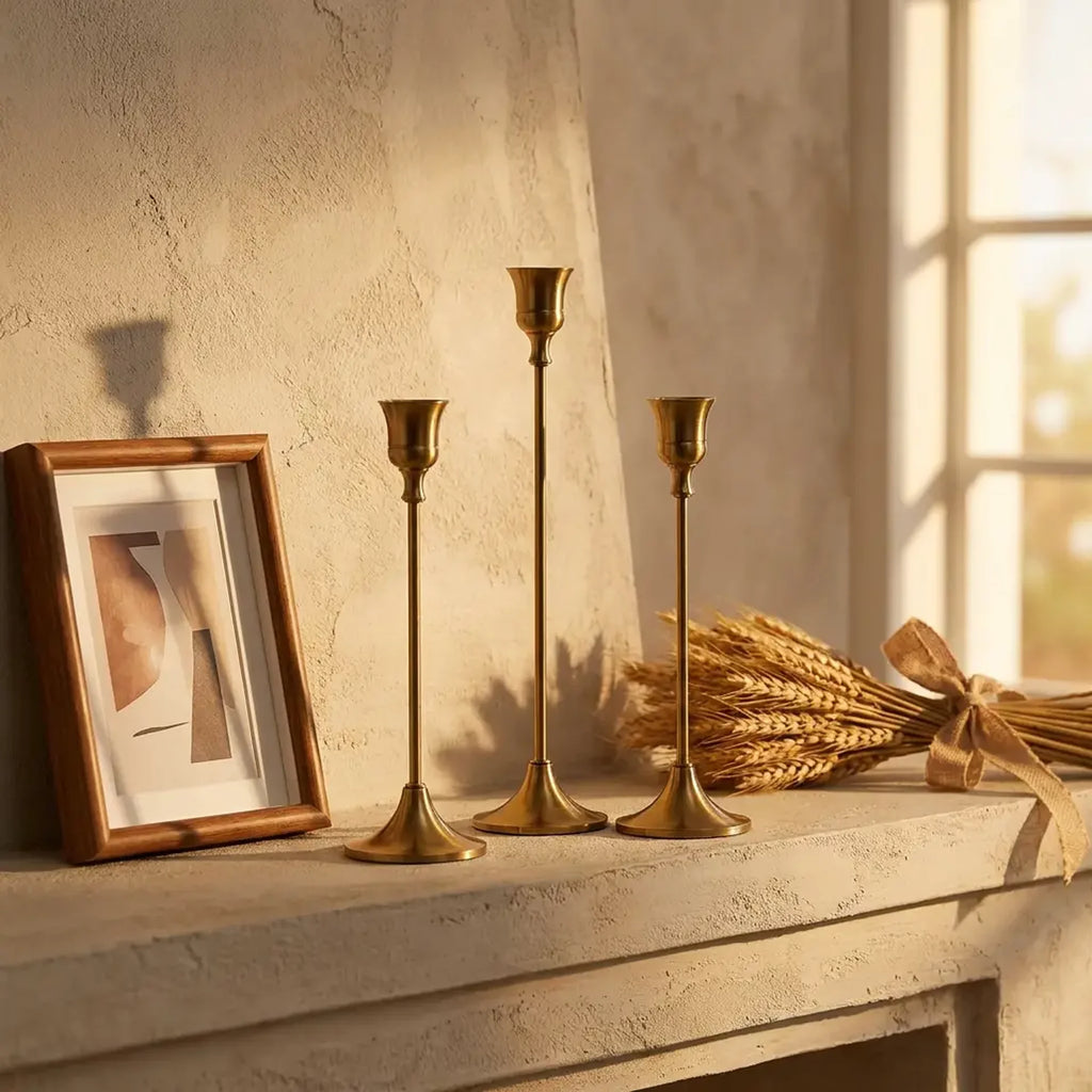Set of three vintage tapered metal candle holders in graduated heights — on plaster fireplace mantel