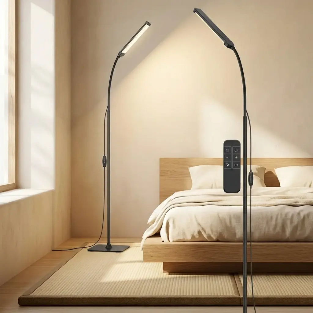 Slim dimmable LED gooseneck floor lamp in a Japandi bedroom