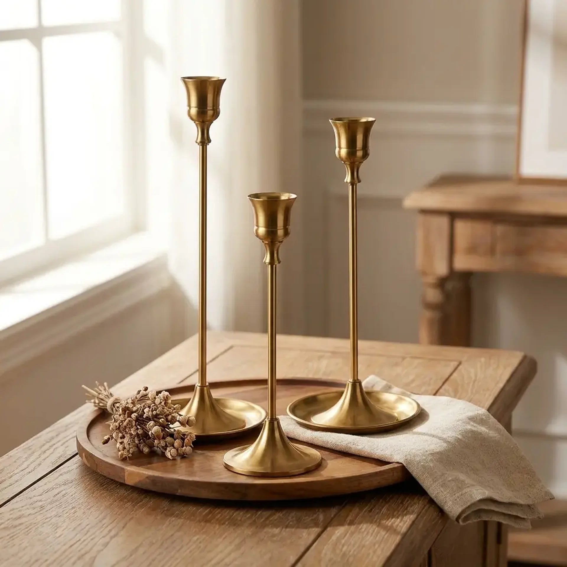 Set of three vintage tapered metal candle holders in graduated heights — on oak entryway console with brass tray