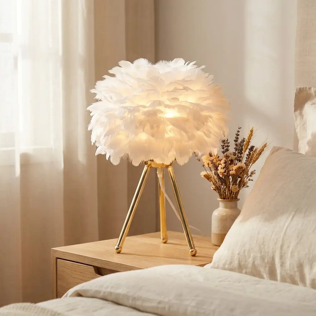 Nordic feather table lamp dramatic low-angle hero shot
