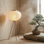 Rice paper lantern floor lamp in a spa-like bathroom corner