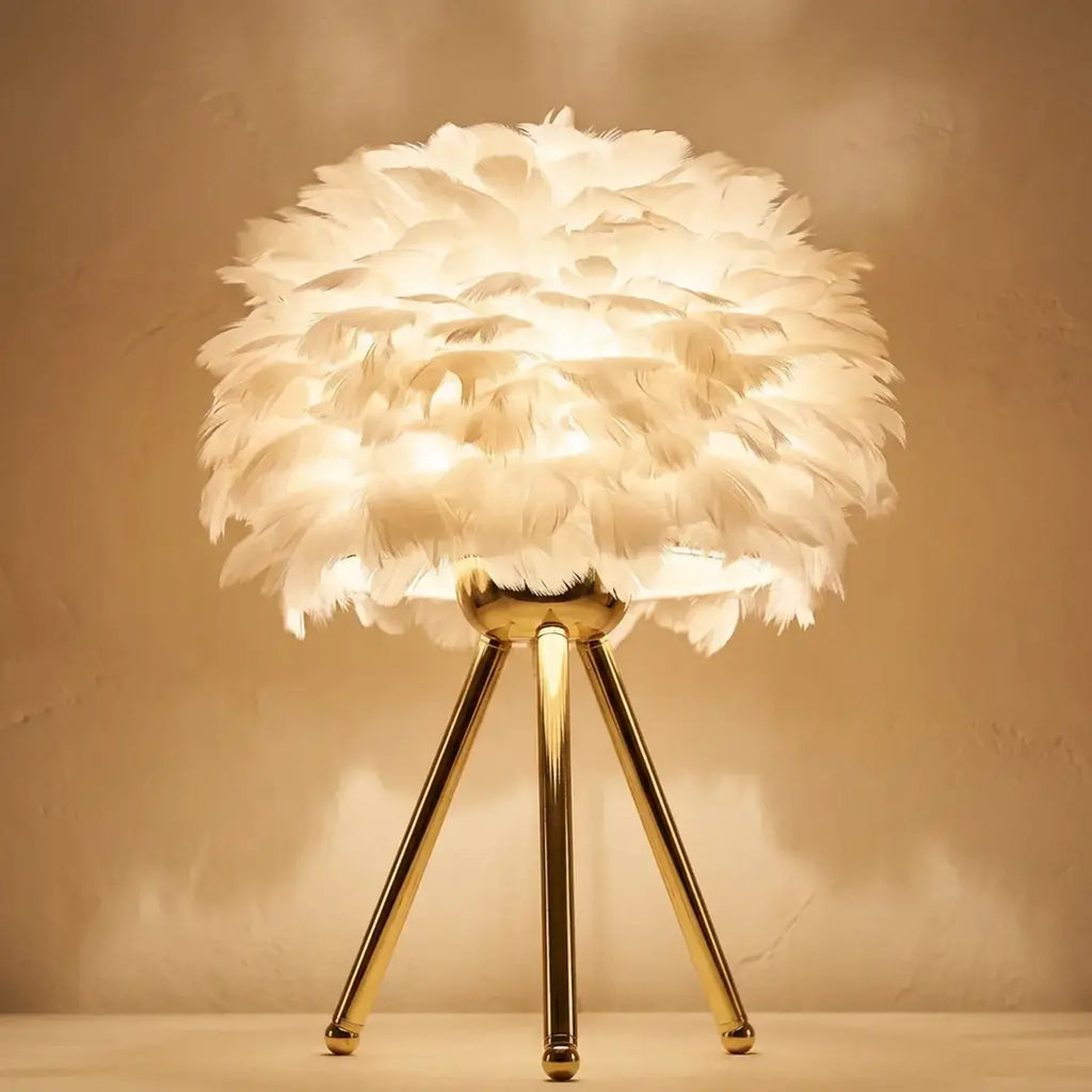 Nordic feather table lamp in cozy cafe corner ambient light