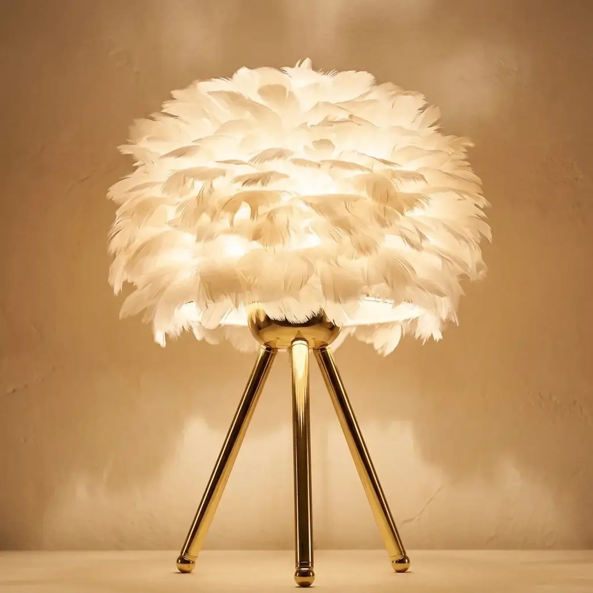 Nordic feather table lamp in cozy cafe corner ambient light