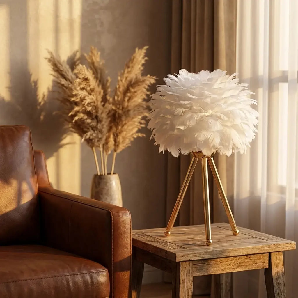 Nordic feather table lamp on warm cream studio backdrop