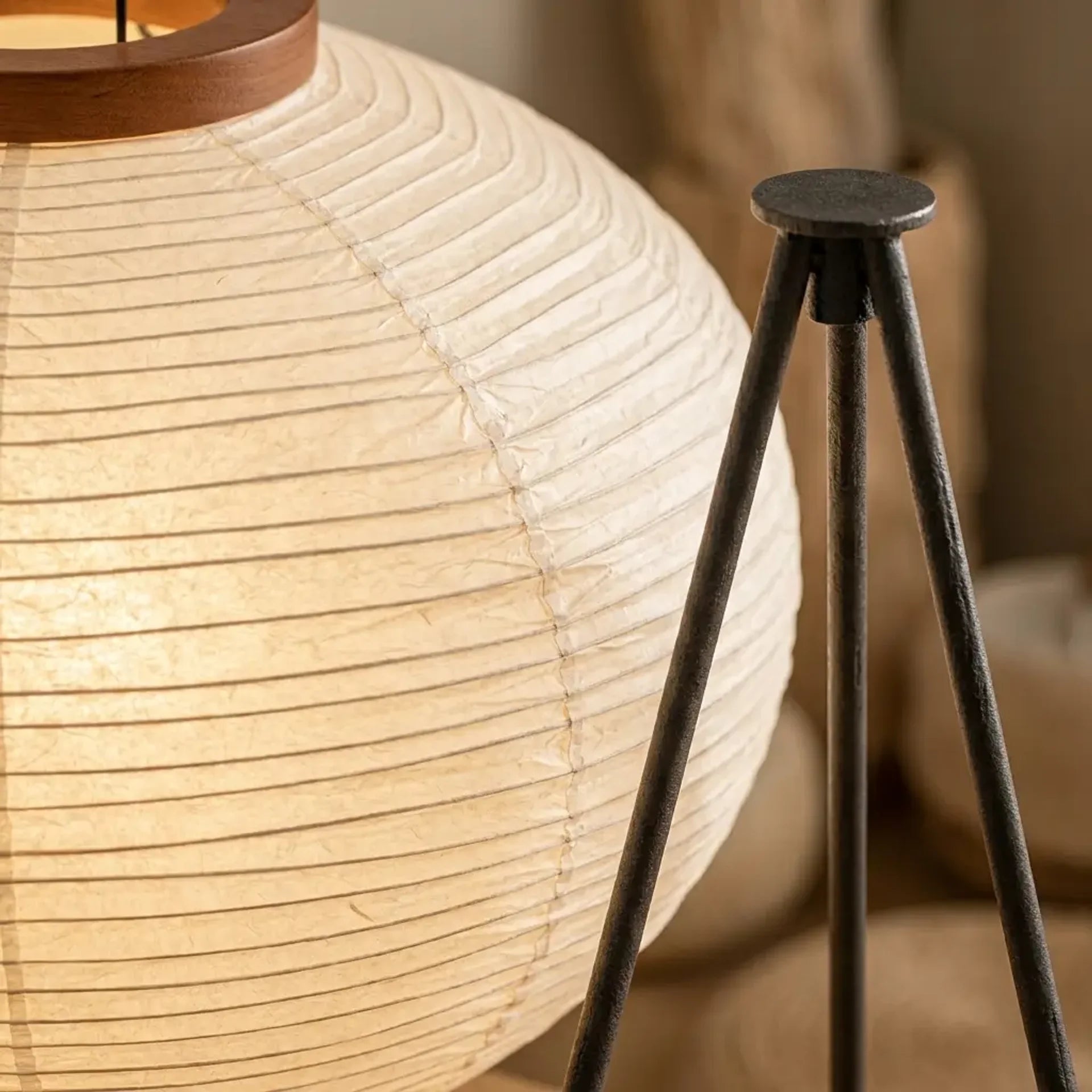 Pleated washi rice paper shade close-up on the floor lamp