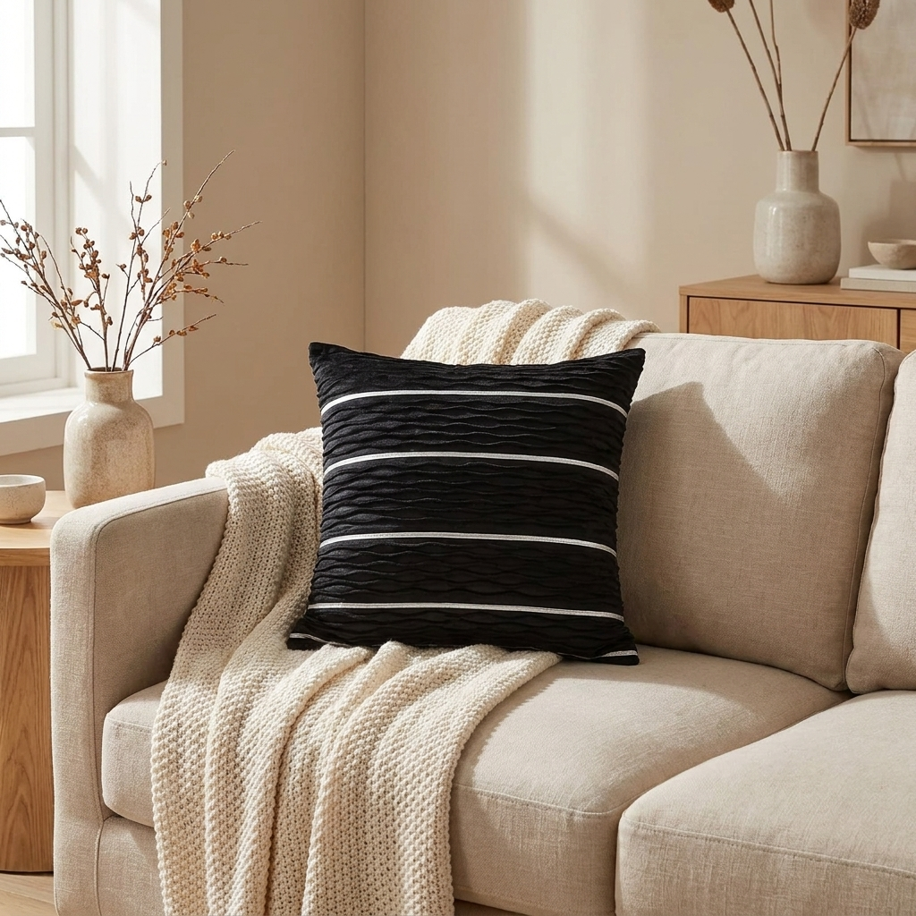 Black pleated velvet cushion cover on a linen sofa