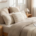 Cream pleated velvet cushion cover on a neatly made bed
