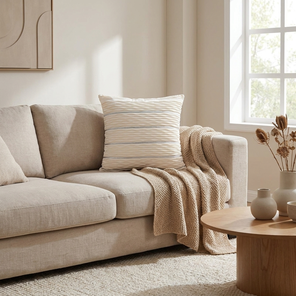 Cream pleated velvet cushion cover on a linen sofa