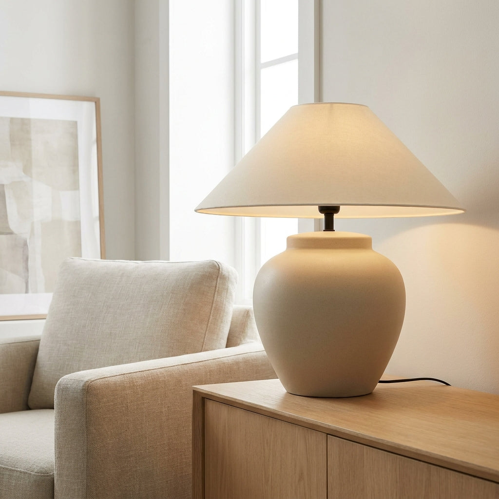 Matte ceramic-look urn lamp base with black neck fitting and cream coolie fabric shade.