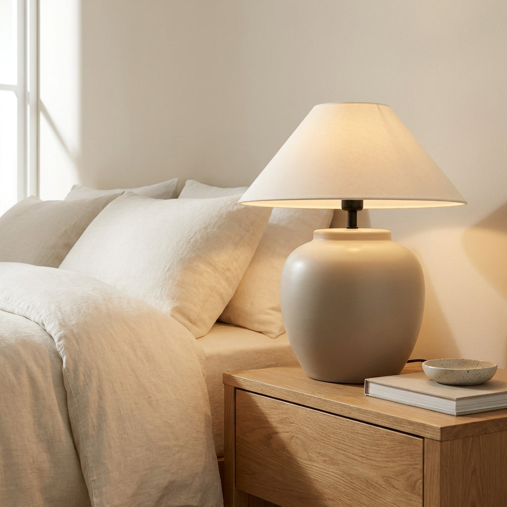 Wabi-sabi ceramic-look urn table lamp styled on a console table in a minimalist living room.