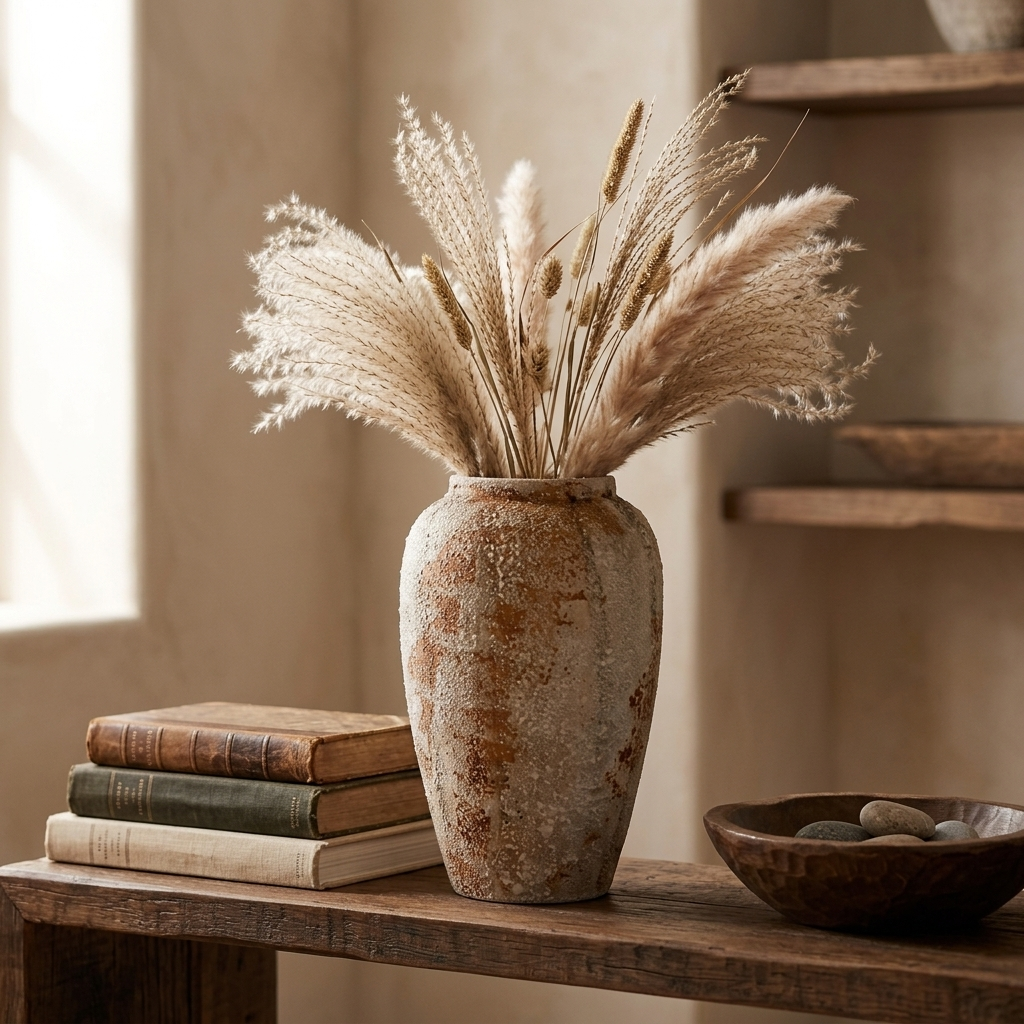 Medium rustic wabi-sabi ceramic urn vase with dried grasses on a console table