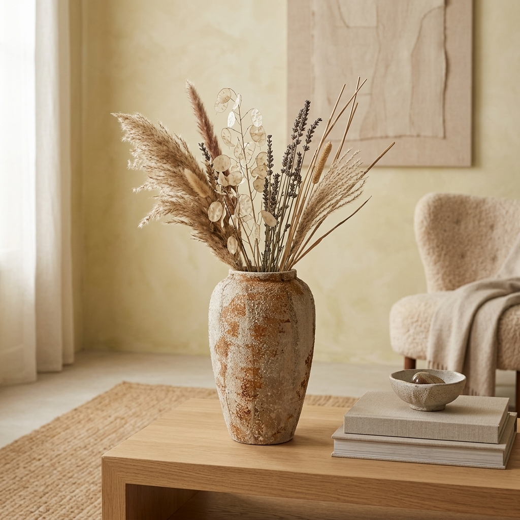 Medium rustic wabi-sabi ceramic vase with dried arrangement in a warm living room