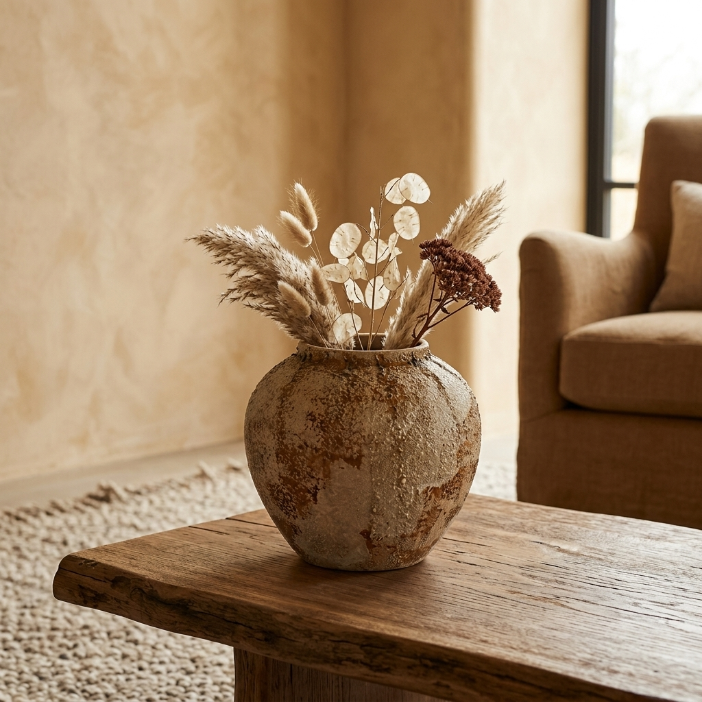 Round rustic wabi-sabi ceramic pot vase with dried eucalyptus on a coffee table