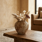 Round rustic wabi-sabi ceramic pot vase with dried eucalyptus on a coffee table