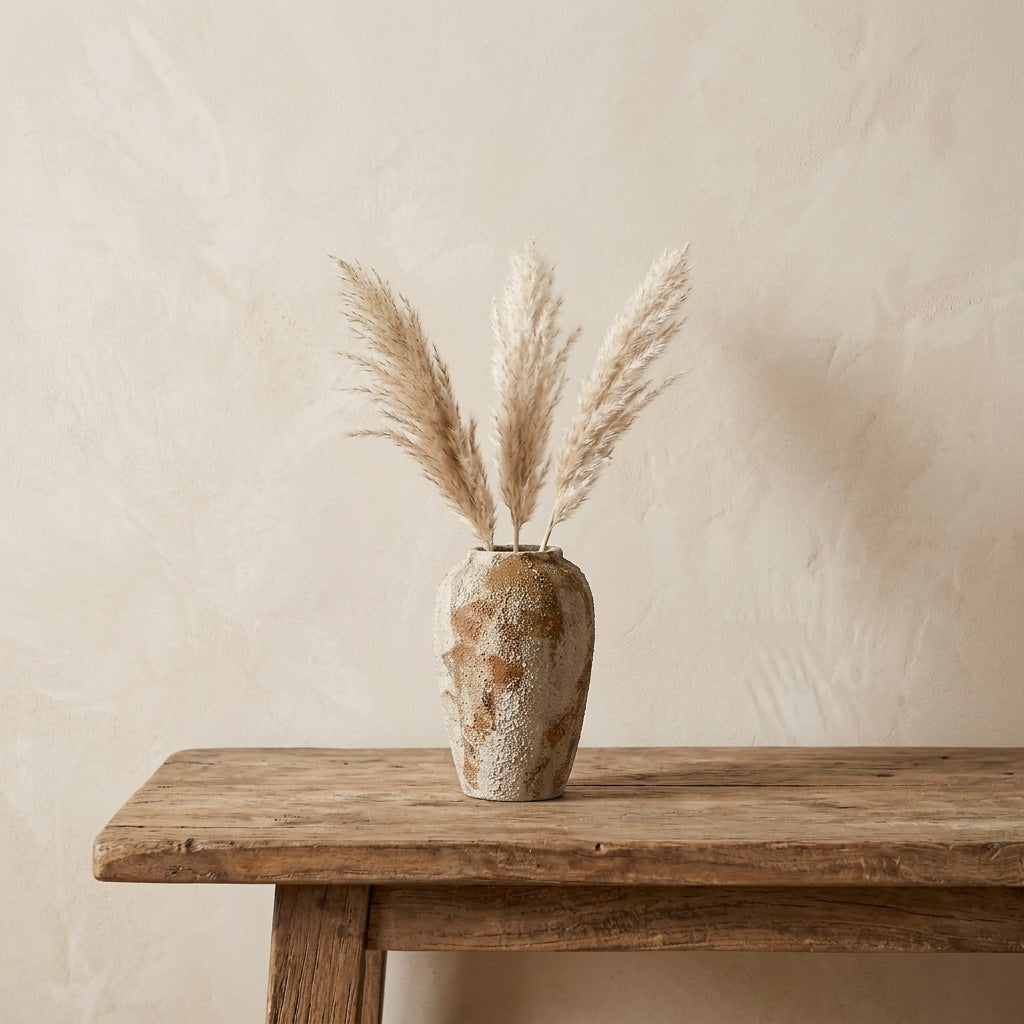 Tall rustic wabi-sabi ceramic urn vase holding dried pampas as a tabletop piece on a wooden console table