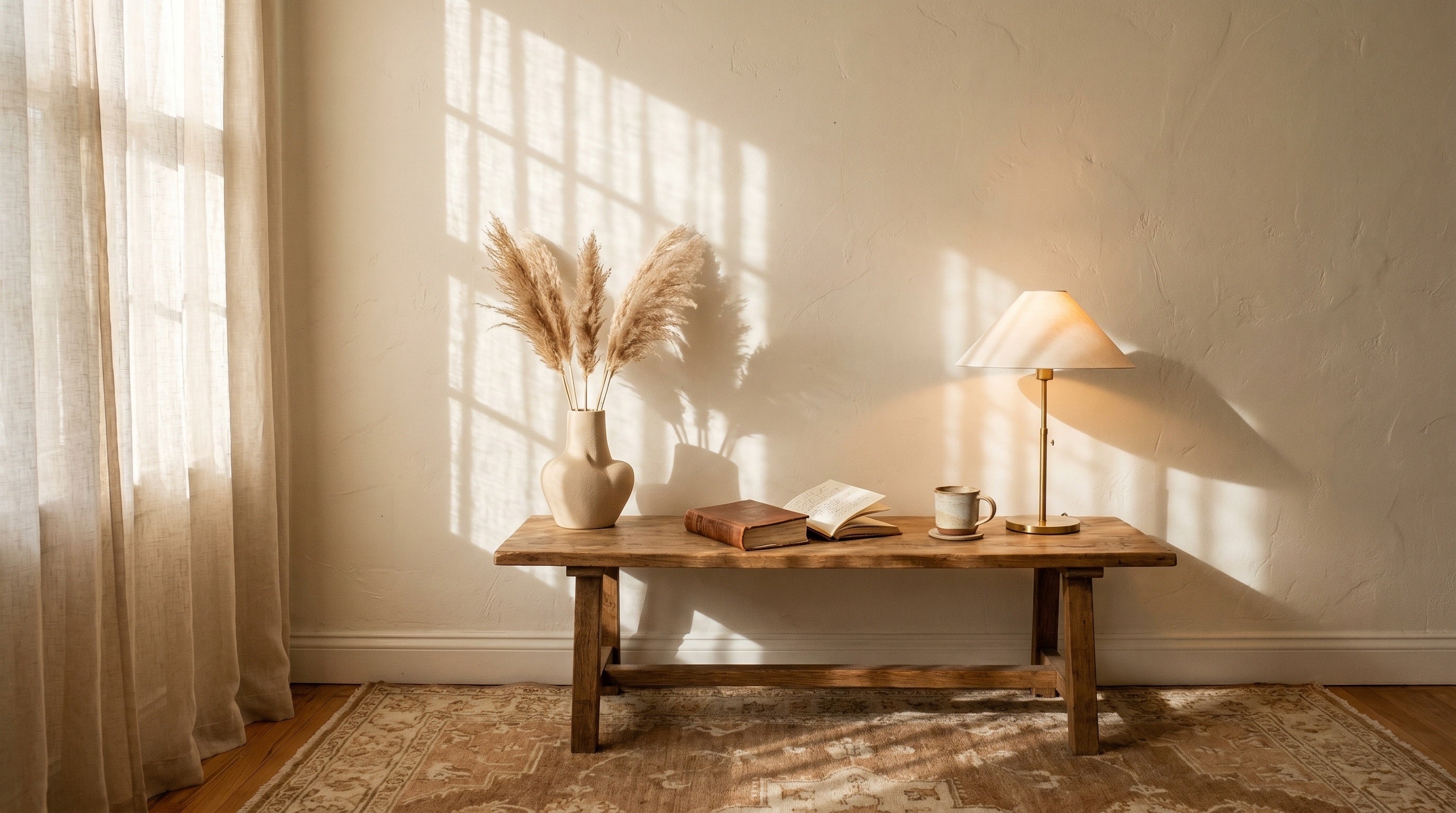 Soft afternoon light fills a quiet living corner with a brass-stem lamp, oak side table, and dried pampas grass.