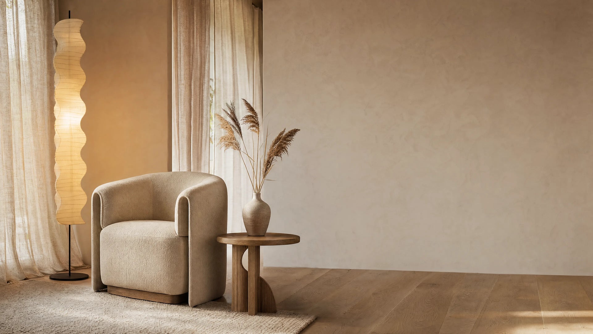 WarmShelf hero — warm Scandinavian living room with sculptural floor lamp, linen armchair, and dried pampas grass