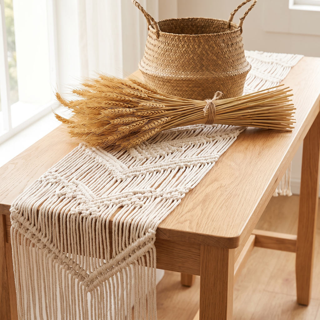 Cream geometric macramé table runner on a console with a basket and dried wheat
