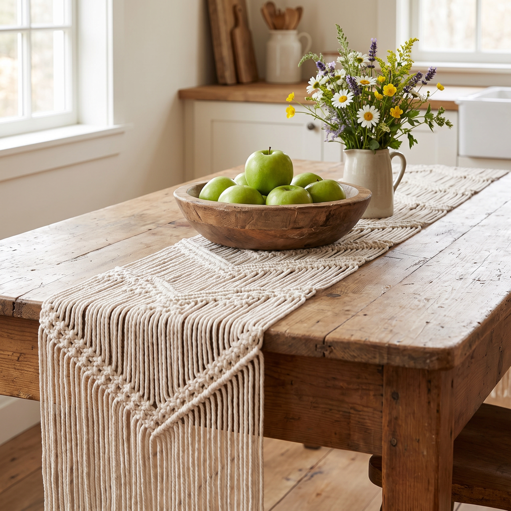 Cream geometric macramé table runner on a farmhouse table with a bowl of apples
