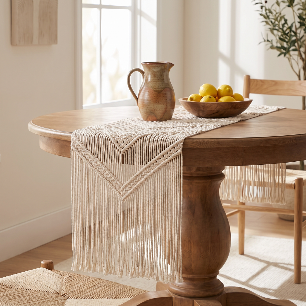 Cream geometric macramé table runner on a pedestal table with lemons and a pitcher