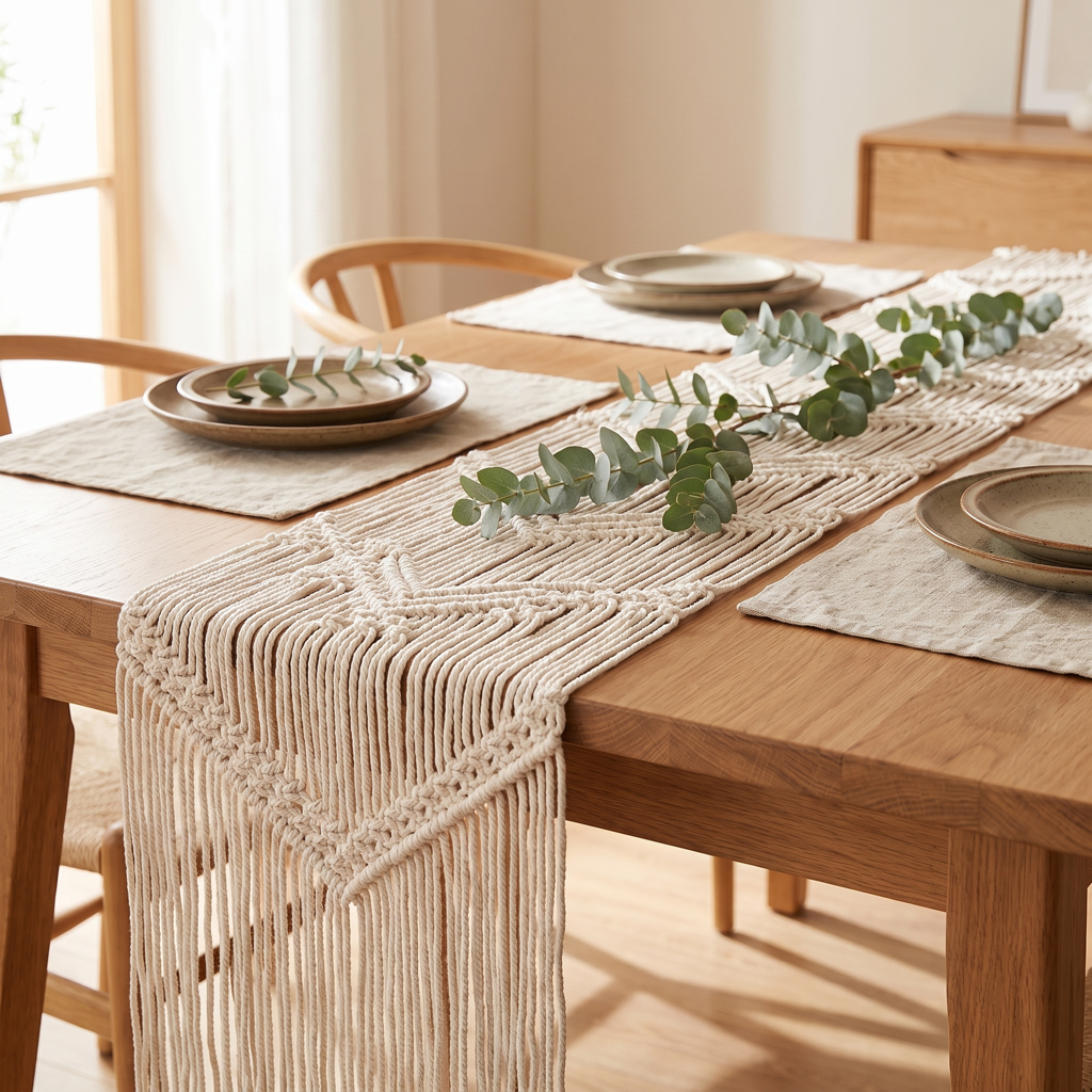 Cream geometric macramé table runner with placemats and eucalyptus on a set dining table