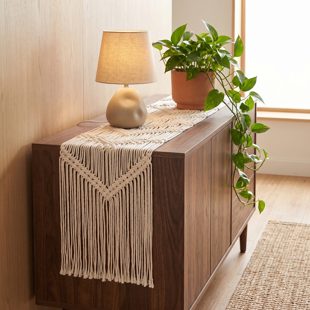 Cream geometric macramé runner on a walnut sideboard with a lamp and trailing plant