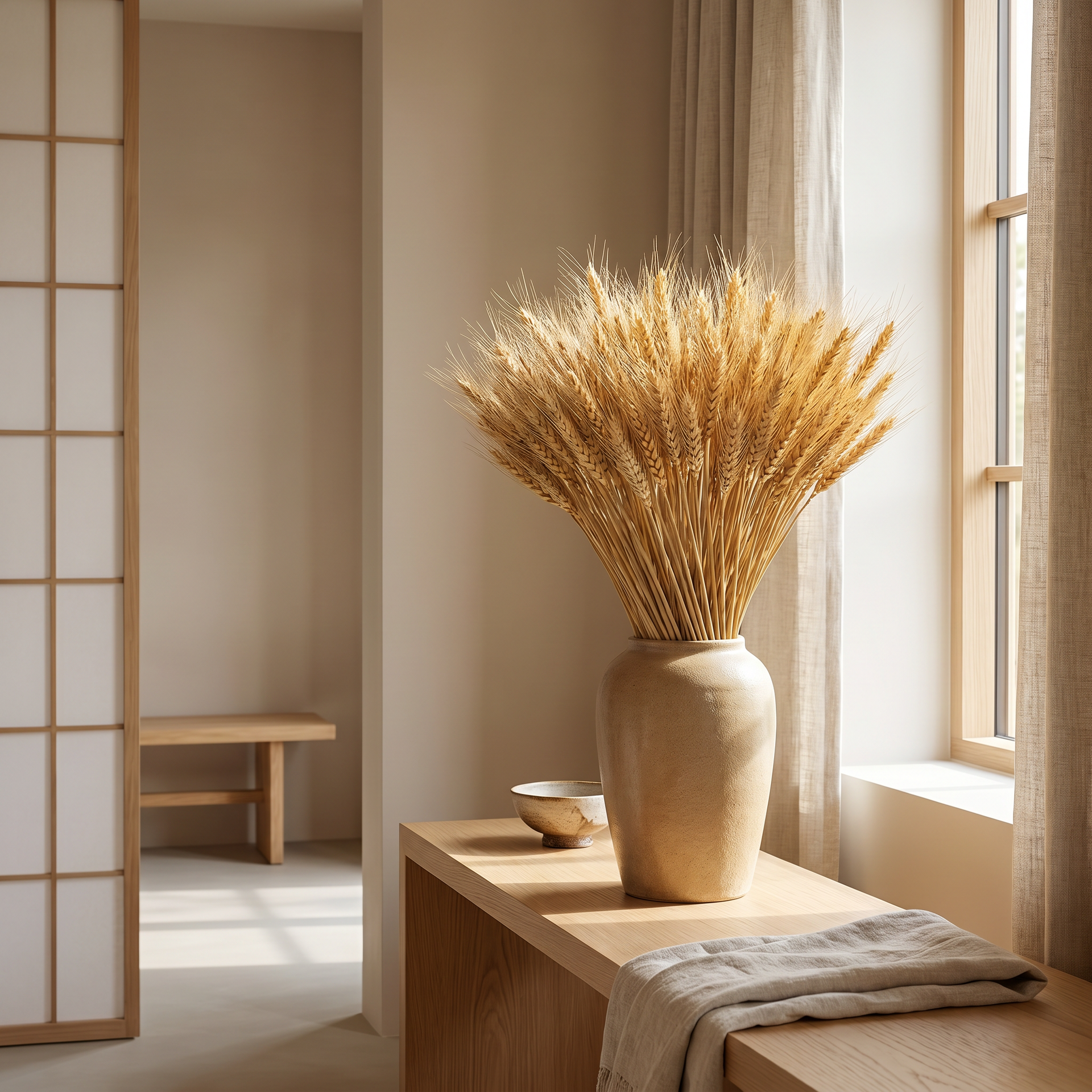 Natural tan dried wheat stems fanned across a linen runner for an autumn tablescape