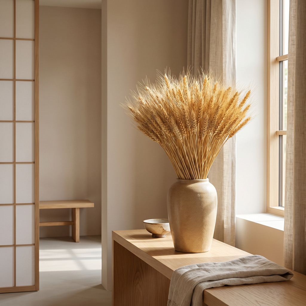 Natural tan dried wheat stems fanned across a linen runner for an autumn tablescape