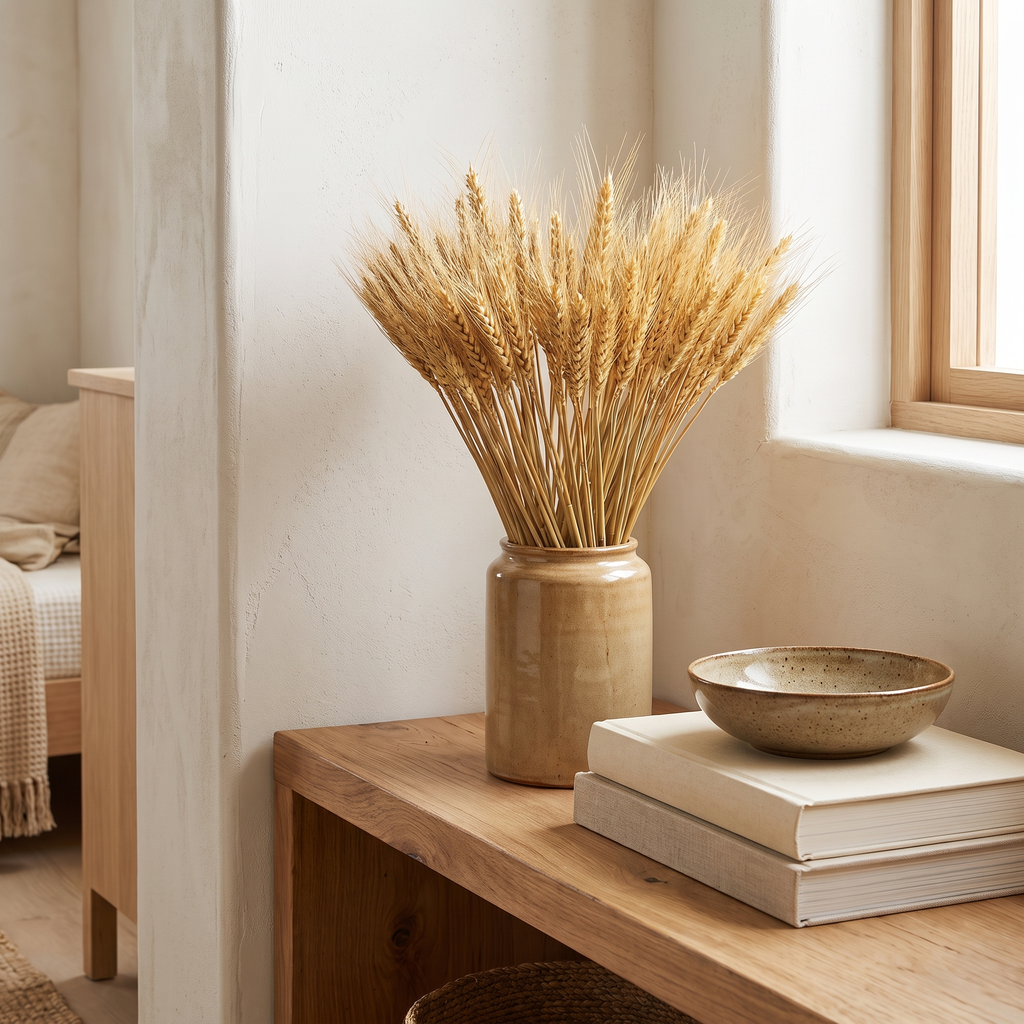 Tall dried wheat bundle beside neutral books and a stoneware bowl on an open shelf