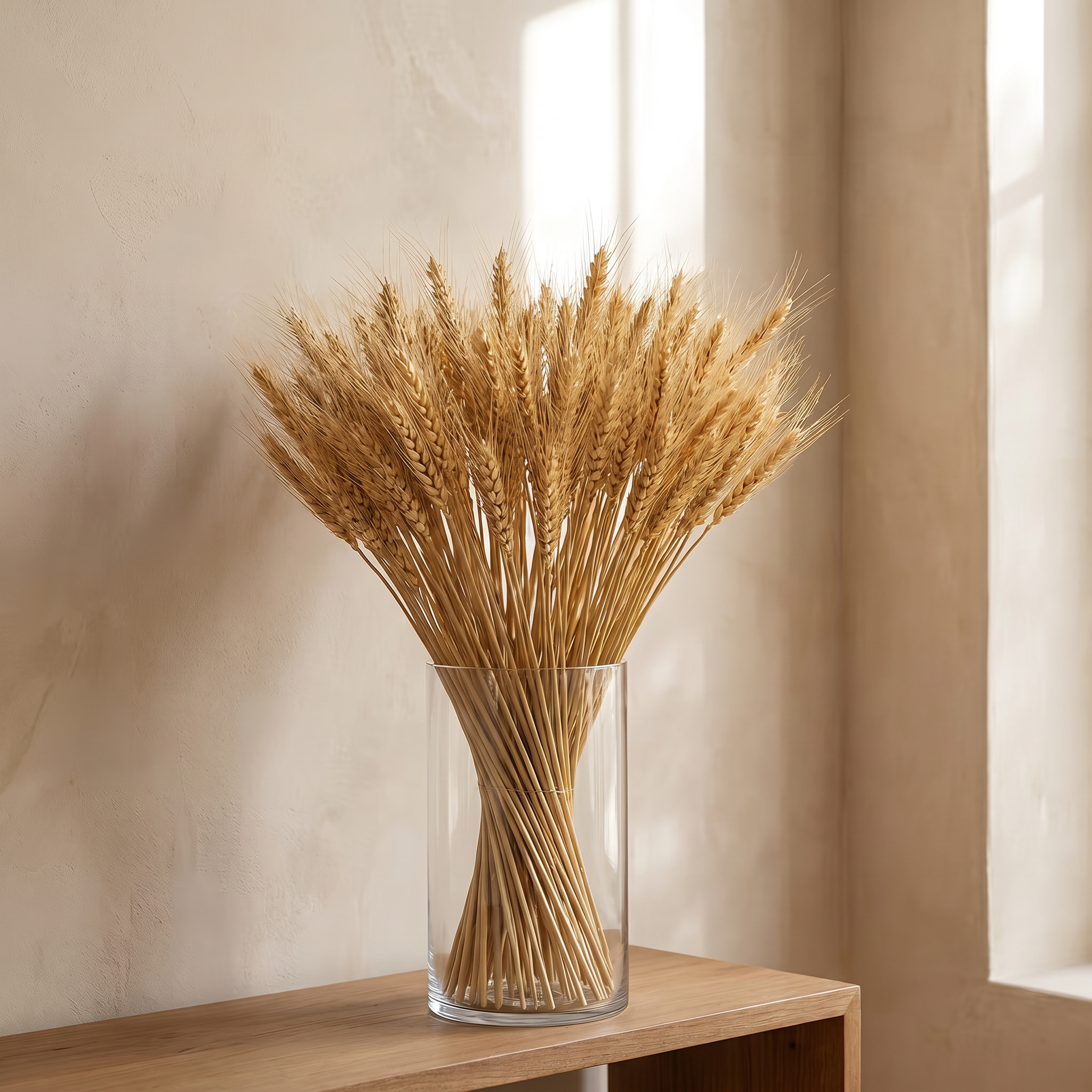 Dried wheat stalks in a glass cylinder vase against a soft plaster wall
