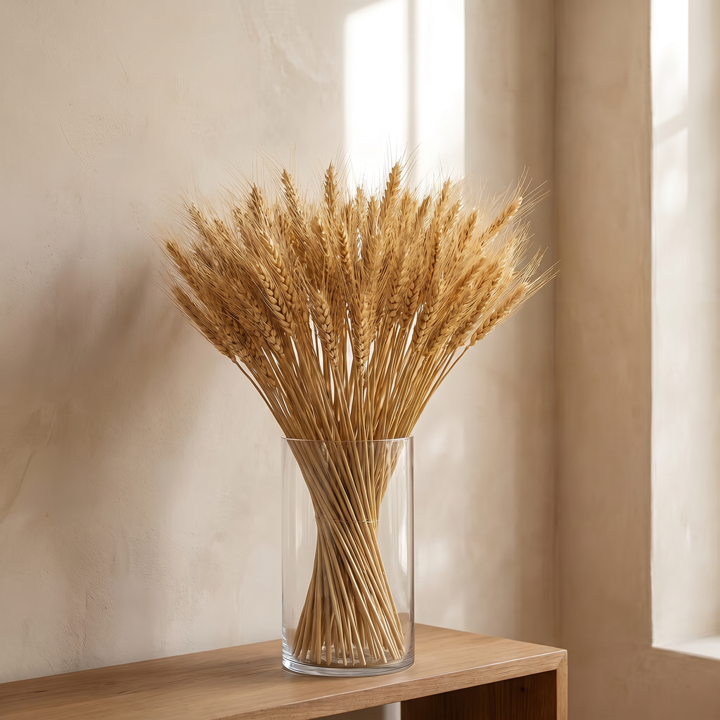 Dried wheat stalks in a glass cylinder vase against a soft plaster wall