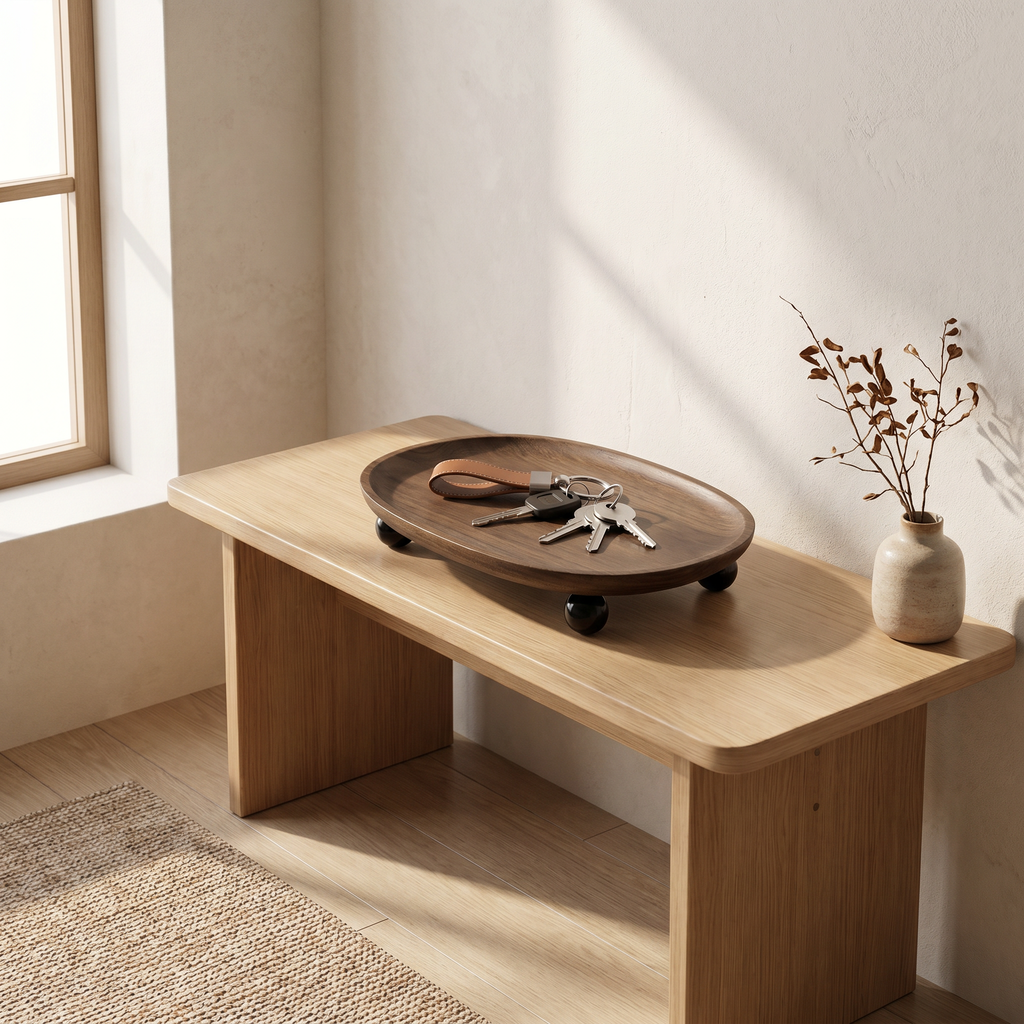 Solid wood valet tray with a few rings and a folded note on a nightstand