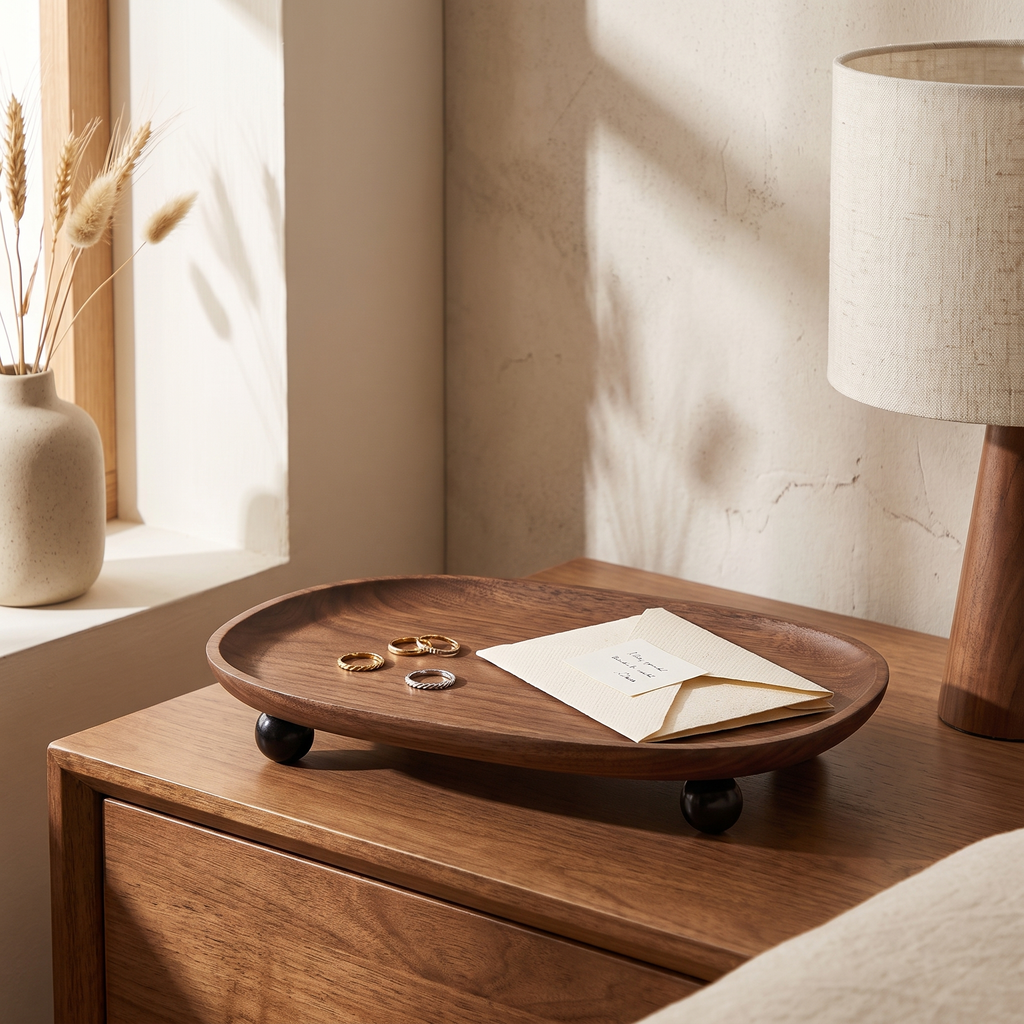 Natural wood catchall dish styled beside a candle and ceramic vase