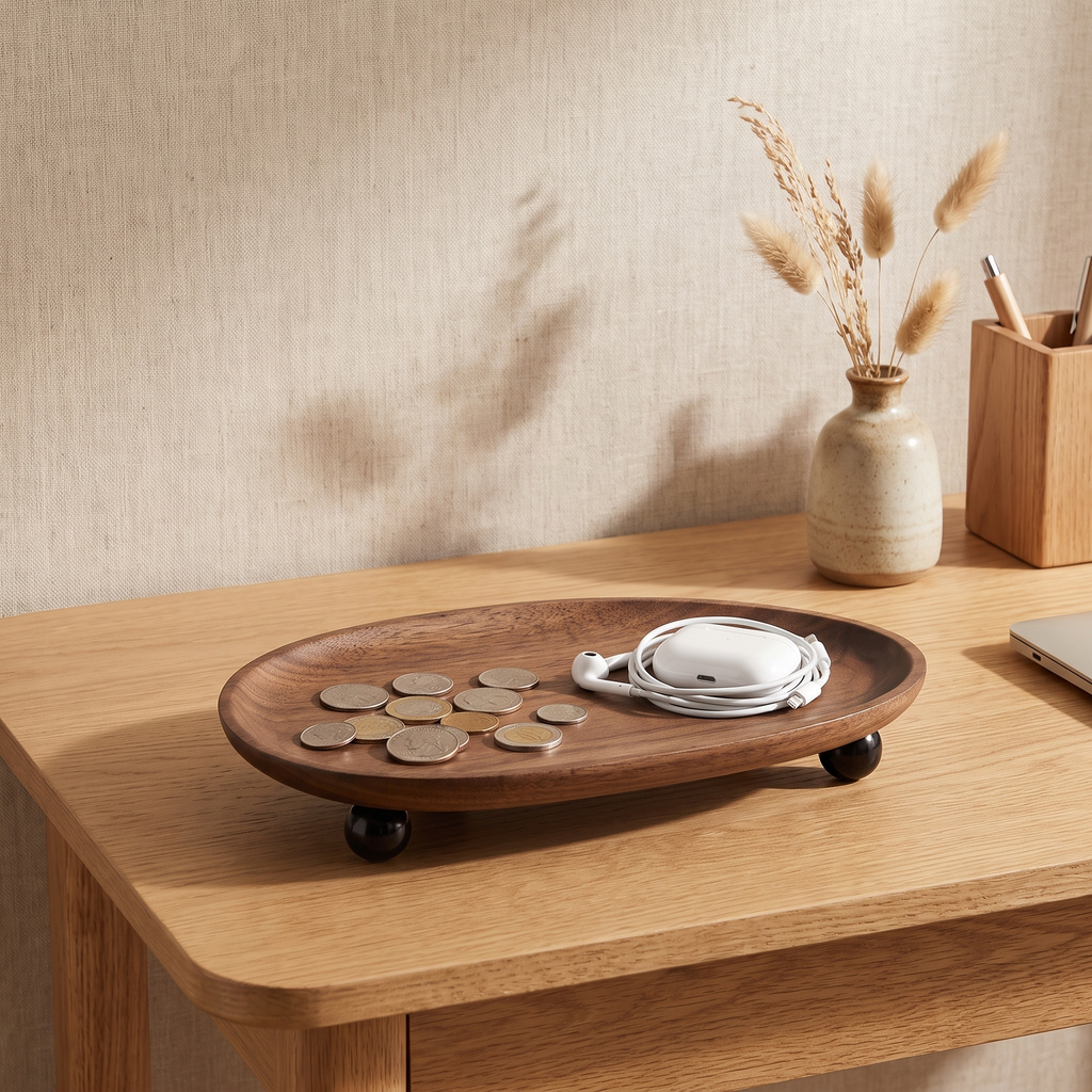 Close-up of the organic irregular rim and warm grain of the wood tray